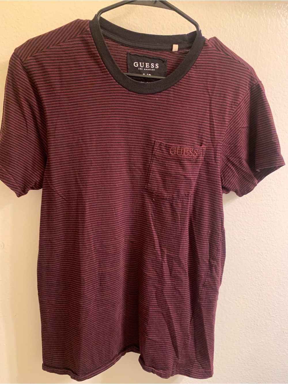 GUESS Burgundy and Black Striped Pocket Tee